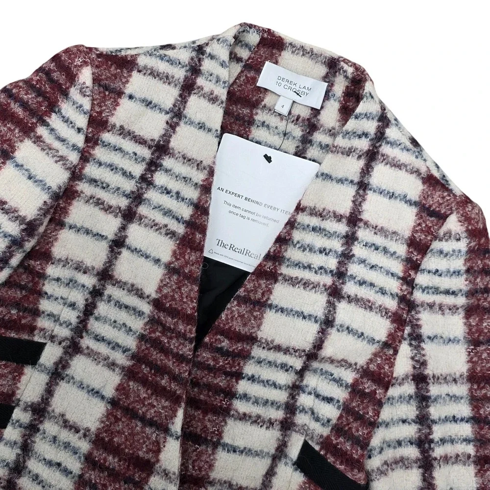 Derek Lam 10 Crosby Plaid Boucle Cropped Jacket Burgundy Wool Mohair Navy Size 4